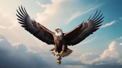 Obraz premium An eagle is flying in the blue sky. Bald eagle flying against a clear blue sky with wings fully extended. 