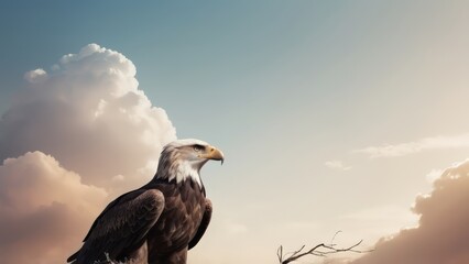 Fototapeta premium An eagle is flying in the blue sky. Bald eagle flying against a clear blue sky with wings fully extended. 
