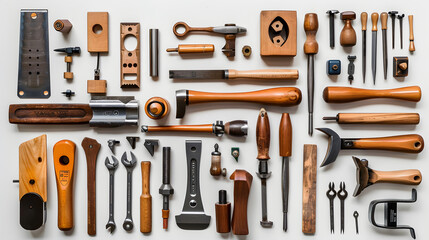 A collection of woodworking tools are displayed on a table