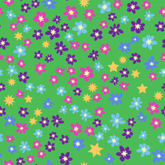 Ditsy floral seamless pattern. Flowers and stars pattern, lavender and pink.