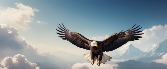 Obraz premium An eagle is flying in the blue sky. Bald eagle flying against a clear blue sky with wings fully extended. 