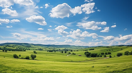 Obraz premium Stunning summer scenery featuring a green meadow under a blue sky adorned with fluffy clouds.
