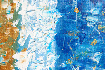An abstract background featuring bold blue, gold, and white acrylic paint brushstrokes on canvas.
