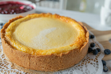 Fresh baked german cheesecake on kitchen counter