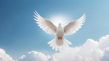 Fototapeta premium White doves are flying in the blue sky. Holy Spirit. Winged Dove flying in front of the cross against blue sky with clouds. Christian concept