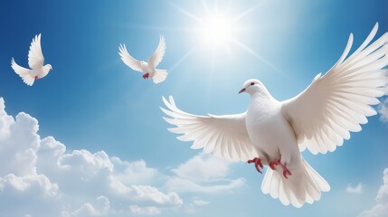 Fototapeta premium White doves are flying in the blue sky. Holy Spirit. Winged Dove flying in front of the cross against blue sky with clouds. Christian concept