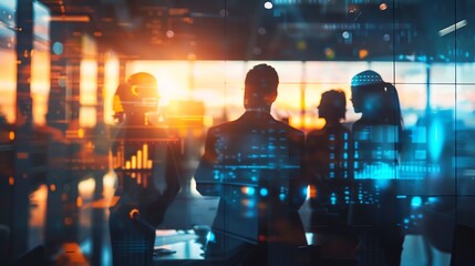 Business team collaborating with futuristic digital interfaces at sunset, showcasing innovation and technology in a modern office environment.