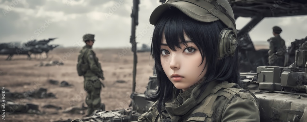 Wall mural Anime manga girl in military clothes. Extremely detailed high resolution illustration - Wall murals