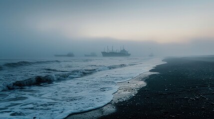 Foggy beach at dawn with gentle waves, rocky shore, and silhouettes of distant ships