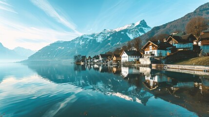 Alpine Village Reflecting on a Still Lake