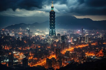 Obraz premium Taipei 101 Majestic skyscraper to twilight., generative IA