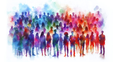 カラフルな水彩で描いた人物の群衆イラスト