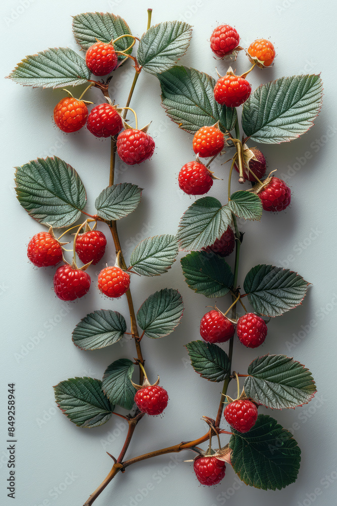 Poster Minimalist composition of red raspberry leaves and fruits on a plain background,