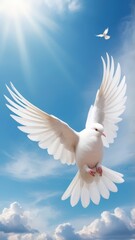 Fototapeta premium White doves are flying in the blue sky. Holy Spirit. Winged Dove flying in front of the cross against blue sky with clouds. Christian concept