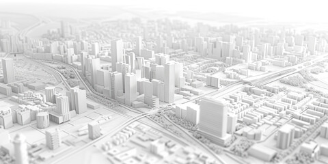 Birds Eye view of a modern city. Urban concept. White clay 3D rendering. Created with Generative AI technology.