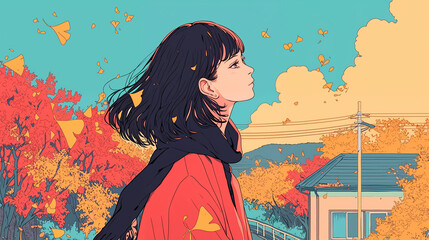 紅葉を見ている女性