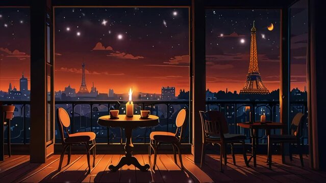 cafe with a view of the Eiffel tower at night. seamless looping 4k video