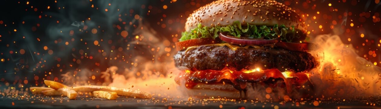 A large, juicy burger sits in a fiery inferno.  The burger is a feast for the eyes.