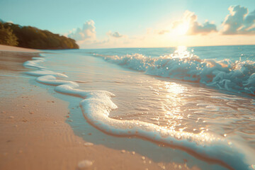 Elegant background featuring a calm ocean wave lapping onto a sandy shore,