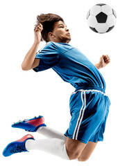 Competitive young ma, football player in blue uniform hitting ball with chest isolated on...