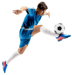 Competitive young man, soccer player in blue uniform in motion, training, hitting ball isolated on transparent background. Concept of sport, competition, tournament, games