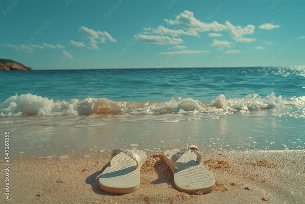 Aufkleber Elegant summer background featuring a pair of flip-flops on a pristine beach,