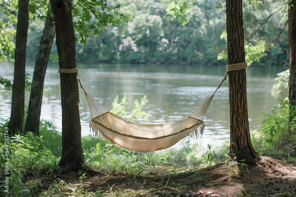 Fototapete simple background showcasing a minimalist hammock between two trees,
