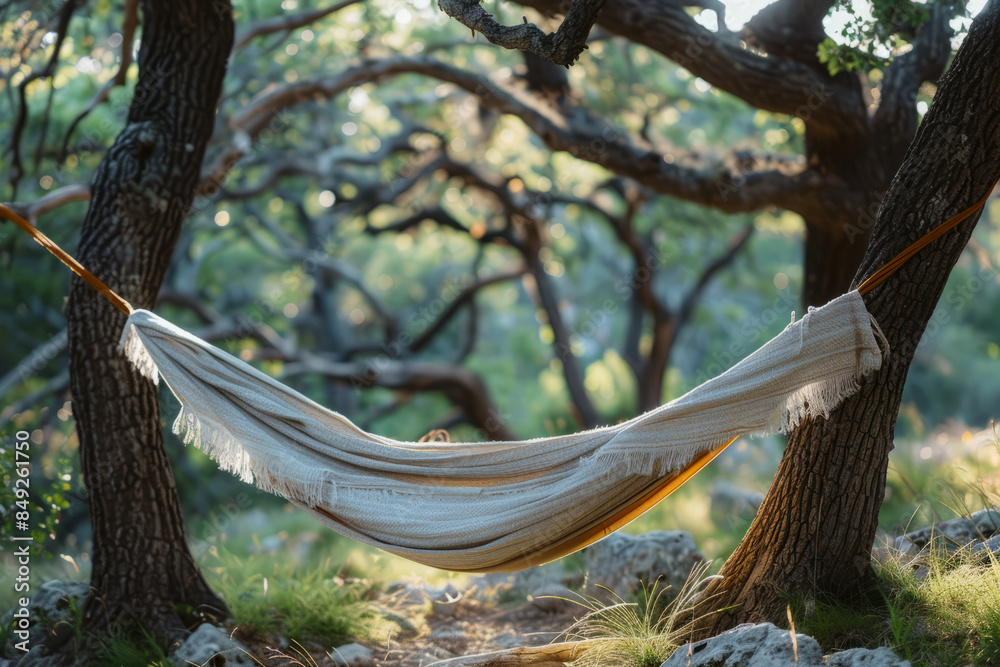 Fototapete simple background showcasing a minimalist hammock between two trees,