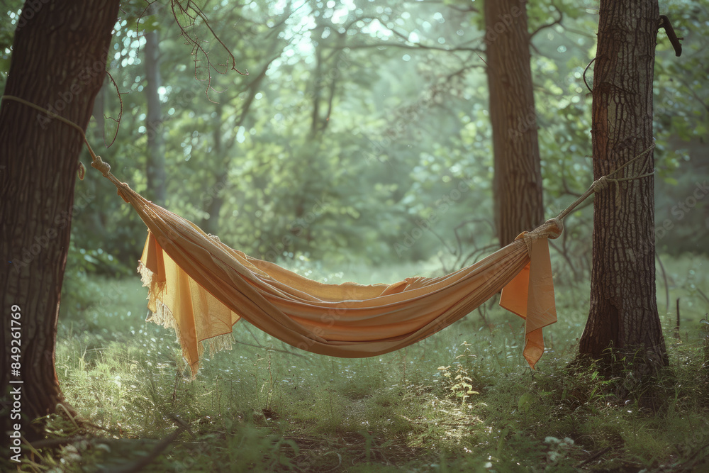 Fototapete simple background showcasing a minimalist hammock between two trees,