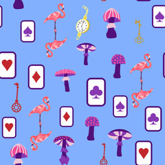 Alice in Wonderland pattern: rabbit, Cheshire cat, flamingo, cards, hat, keys cup mushrooms clock and roses
