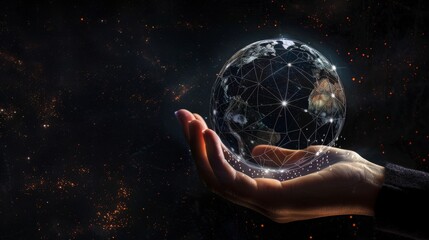 3d illustration of globe over hand and copy space on dark background