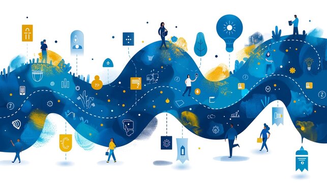 Progressive career navigation through online professional development: Illustration of career roadmap with pathways representing various courses and learning modules from beginner to expert stages