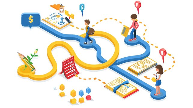 Interactive Career Roadmap illustration with pathways representing various courses and learning modules from beginner to expert stages