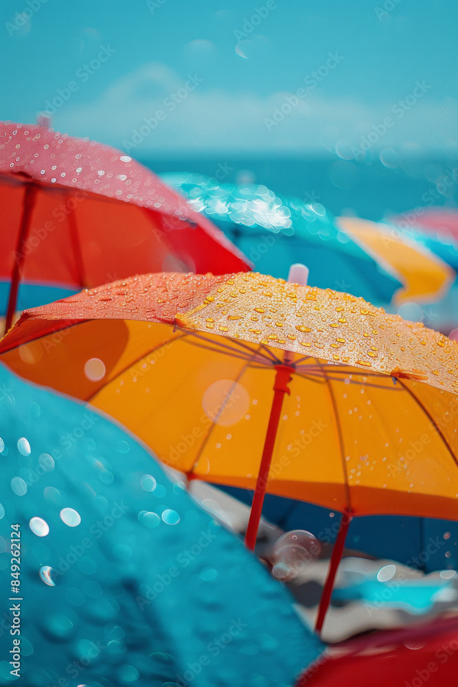 Aufkleber elegant background featuring colorful beach umbrellas in soft focus, bordered by a white frame,
