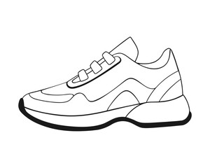 Sneakers hand drawn doodling, contour sketch isolated on white background.