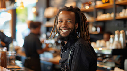Happy male barista with dreadlocks happily posing in a charming cafe setting
