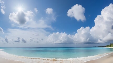 beautiful beach view with blue sky. Seascape from low perspective. Clear blue sky sunset with horizon on calm ocean seascape background. Picturesque