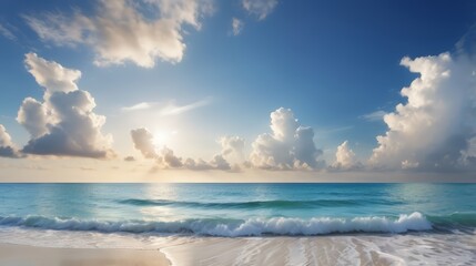 beautiful beach view with blue sky. Seascape from low perspective. Clear blue sky sunset with horizon on calm ocean seascape background. Picturesque