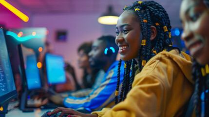 Obraz premium Young, diverse gamers smiling while competing in an esports tournament