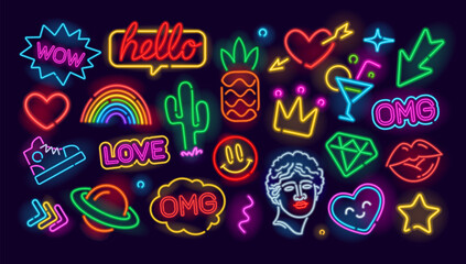 Neon vector icons and symbols of cartoon characters, food, fruits, fashion elements for patch, badges and pins. Glowing light banner. Pop Art and Fashion neon sign. Editable vector set 18 © VRTX
