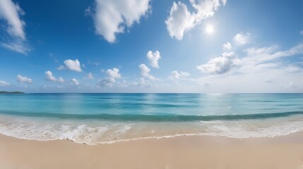 Fototapeta premium beautiful beach view with blue sky. Seascape from low perspective. Clear blue sky sunset with horizon on calm ocean seascape background. Picturesque