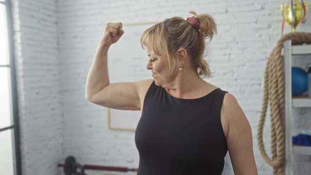 Middle-aged woman flexing her arm in a gym room, showcasing strength with a smile, surrounded by gym equipment and a white brick wall, emphasizing fitness in an indoor setting.