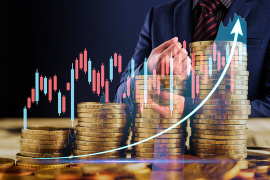double exposure of businessman at office with step of coins and financial info graph show rising , financial and investment concept