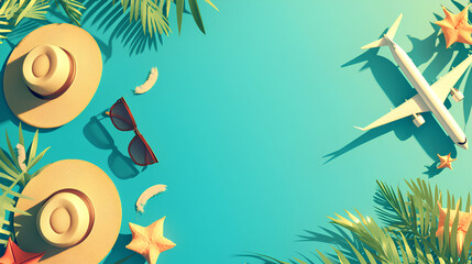 Top view of empty space of tourist accessories, tropical palm leaves and airplanes in the background