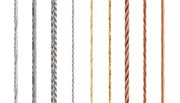 Metallic cable, wire, cord. Electric bare cable wire isolated transparent background PNG mega pack. Gold, silver, copper, aluminium, bronze.