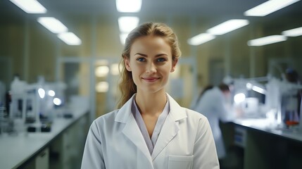 Fototapeta premium A young female scientist wearing a lab coat smiles at the camera