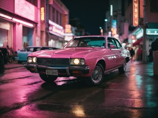 car in vaporwave city poster