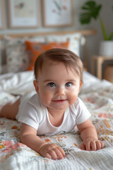 Fototapeta premium Happy smiling baby lying on their stomach on a bed with flowery sheets in a bright room with natural light, wearing a white onesie