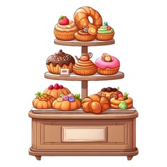 Gourmet bakery display full of artisan breads, pastries and cakes, enticing for food enthusiasts