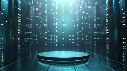 Futuristic digital platform with floating data symbols.